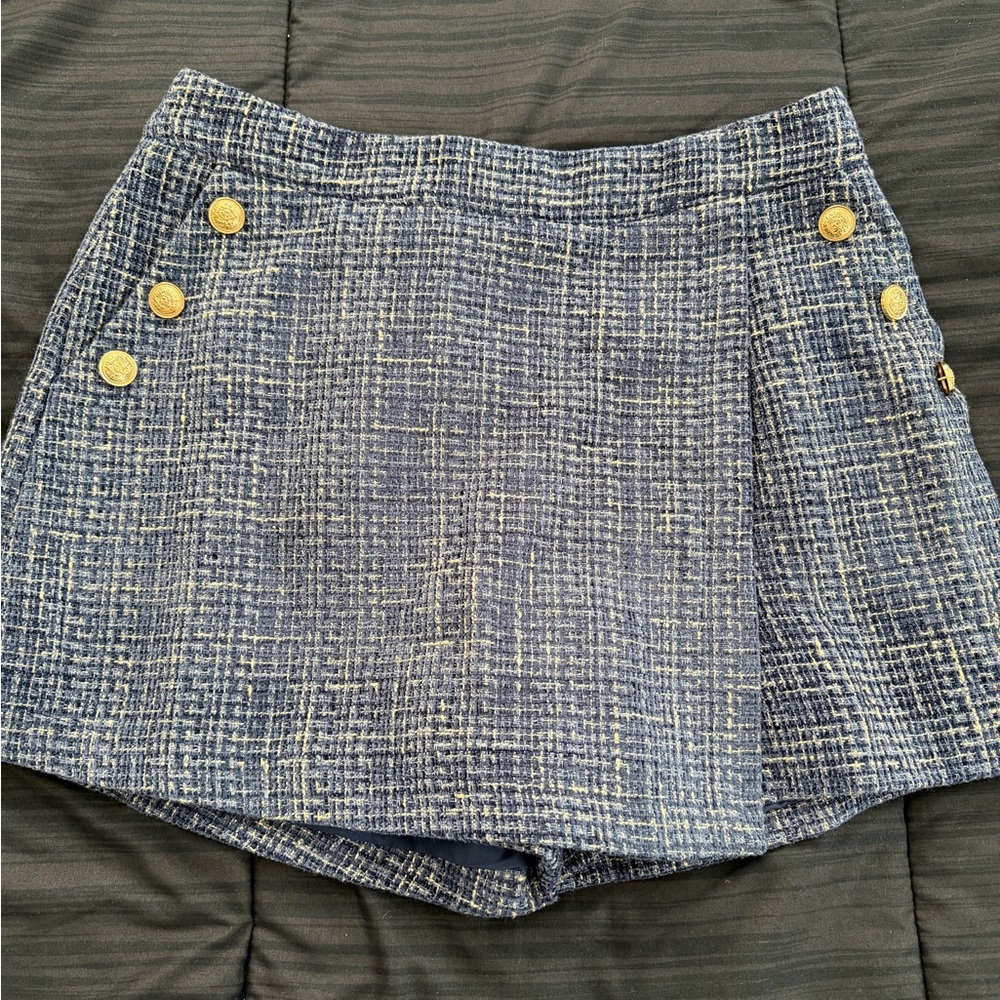 Aqua Navy Tweed Shorts with Metallic Accents